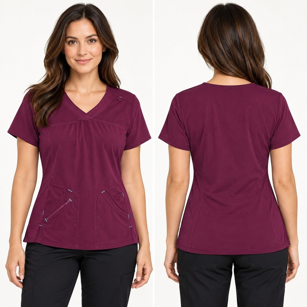 Scrubstar Performance Scrub Top Womens M Burgundy V-Neck Mesh Pockets Excellent